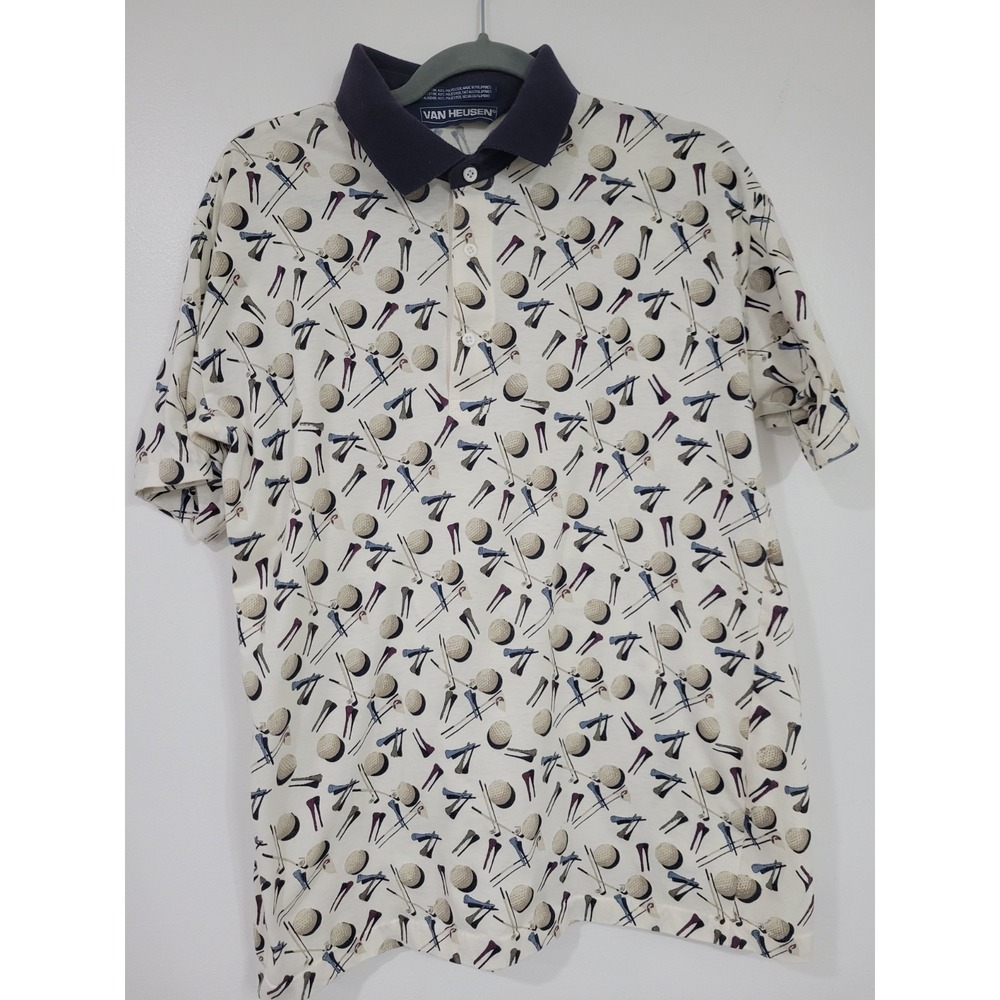 Vintage Van Heusen Golf All Over Print Polo Shirt Made in USA Tees Balls Large